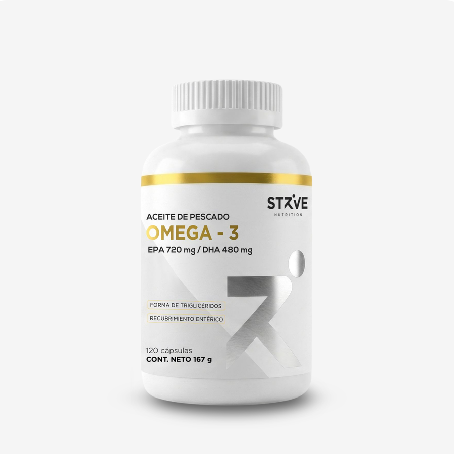 Omega 3 Alta Absorción Strive, forma de triglicéridos con EPA/DHA y recubrimiento entérico